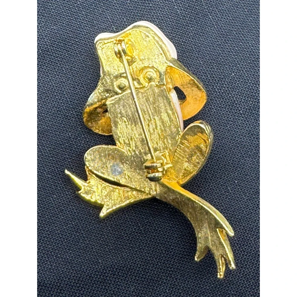 Vintage Pink Lucite Frog Brooch Gold Tone Clear Rhinestone Figural Pin
